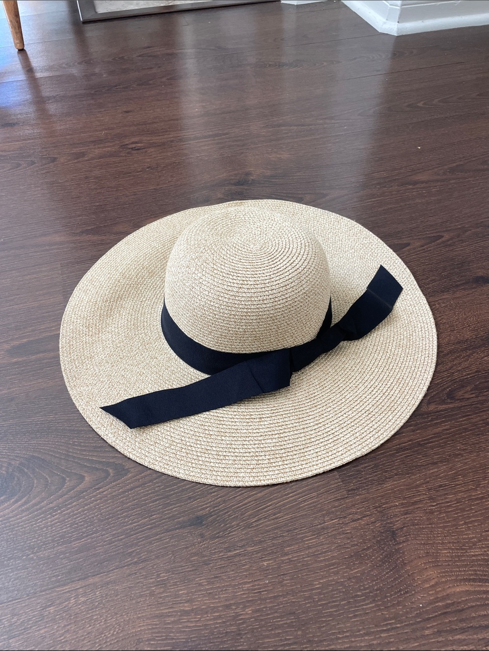 Straw Sun Hat with Black Ribbon - Women Accessories